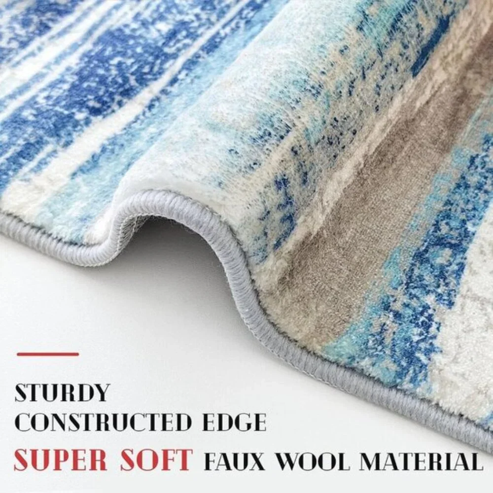 New Modern Abstract 2x3ft Entryway Rug, Washable Non-Slip Blue Faux Wool Carpet